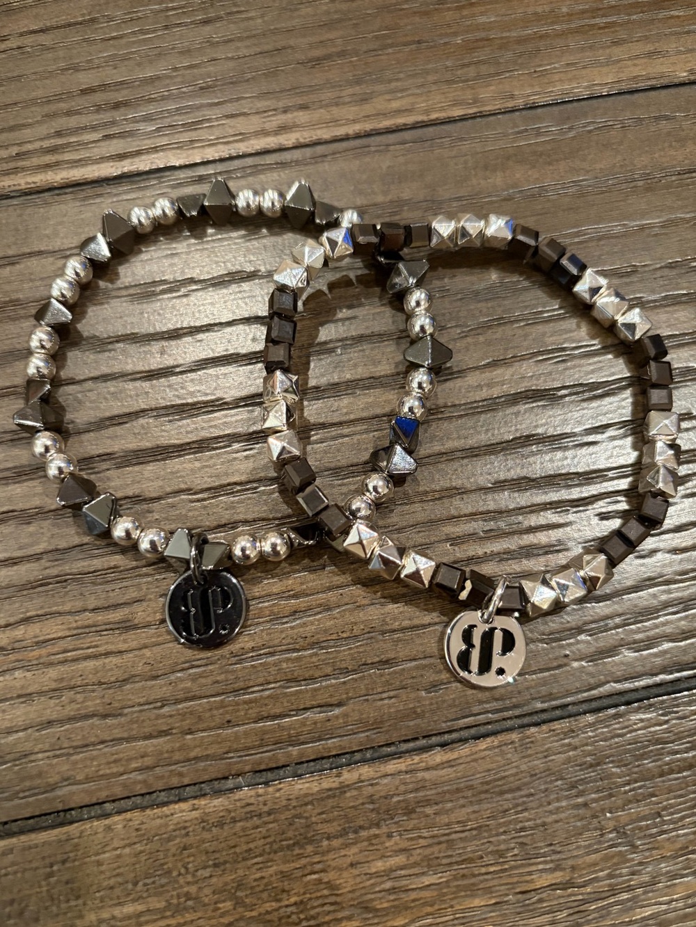 Set of 2 BP Bomb Party Stretch Bracelet Silver Black stacks